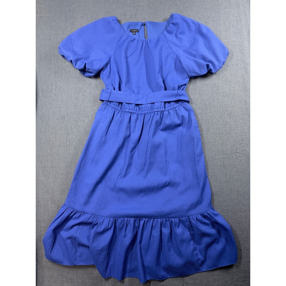 Talbots Blue Seersucker Puff Sleeve Midi Dress Womens Small Belted Ruffle Hem
